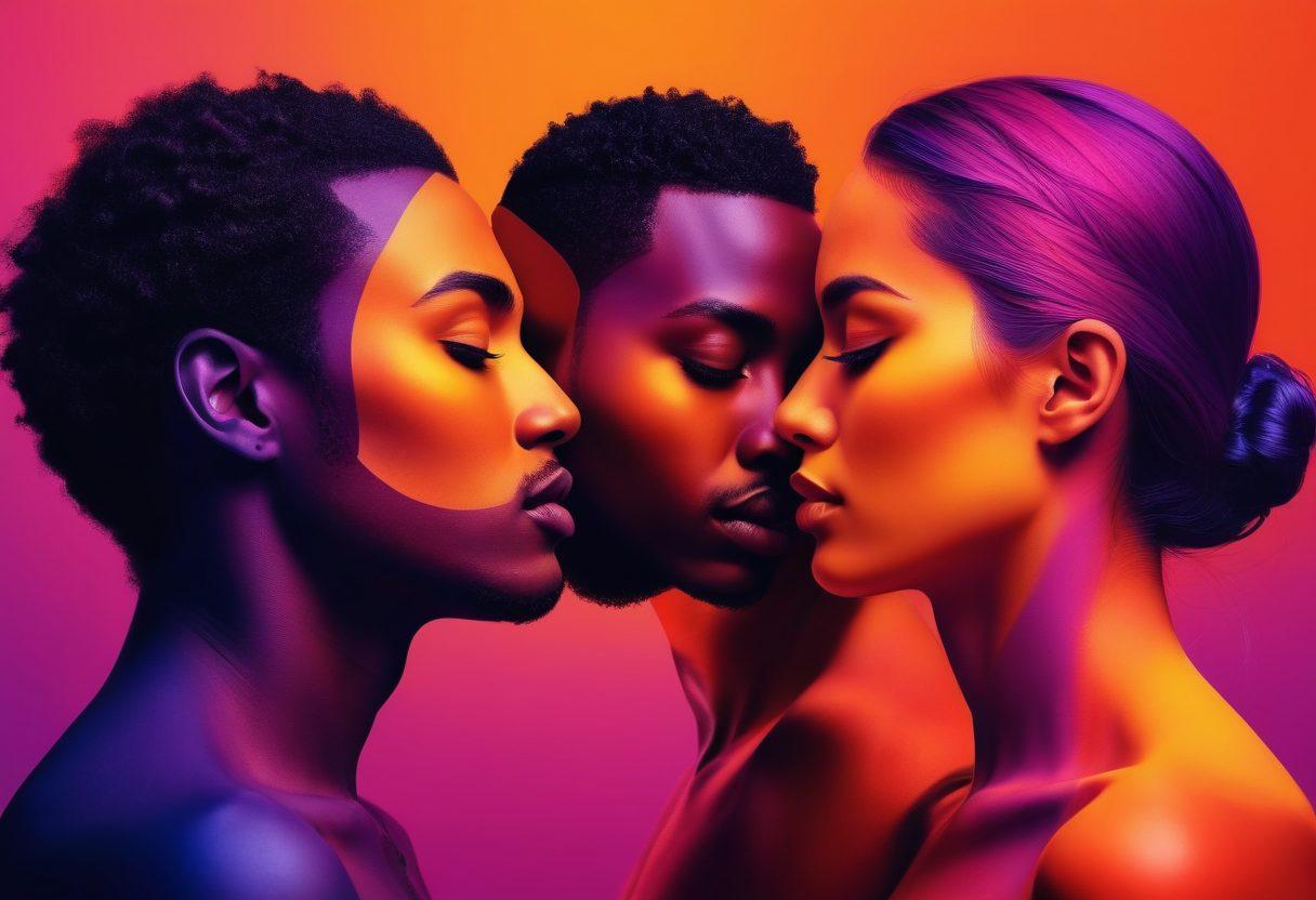 A vibrant and abstract illustration of diverse human silhouettes intertwined, symbolizing different layers of sexual expression. Incorporate flowing lines and vivid colors that represent emotions and complexities of intimacy. Include elements like masks and shadows to suggest mystery and taboo, while keeping the overall atmosphere inviting and thought-provoking. The background should be a blend of soft tones, enhancing the depth of the topic. digital art. vibrant colors. abstract.